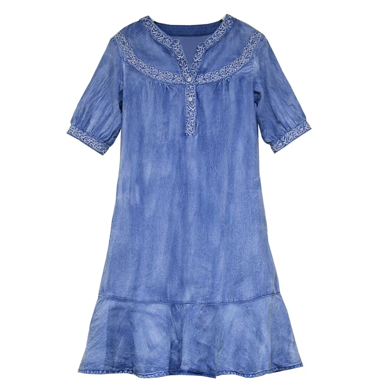 Summer Denim Dresses Women Retro Solid Color Embroidery Half Butterfly Sleeve Button Vintage Female Knee-Length Falbala Dresses Summer Denim Dresses Women Retro Solid Color Embroidery Half Butterfly Sleeve Button Vintage Female Knee-Length Falbala Dresses
