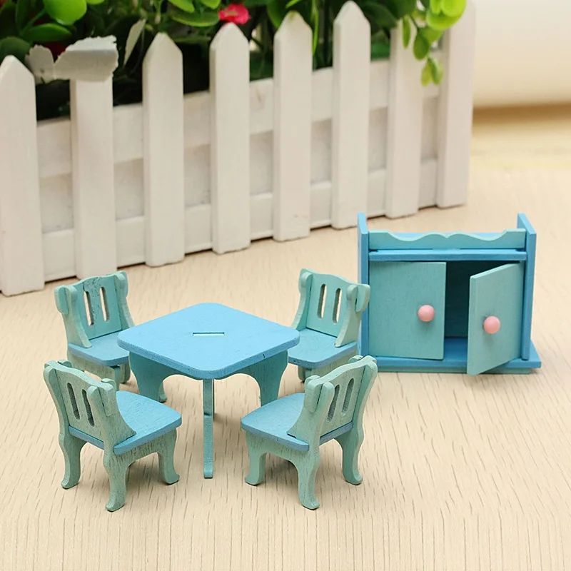 Wooden Doll House Miniature DIY Dining Room Furniture Set Toy Gift For