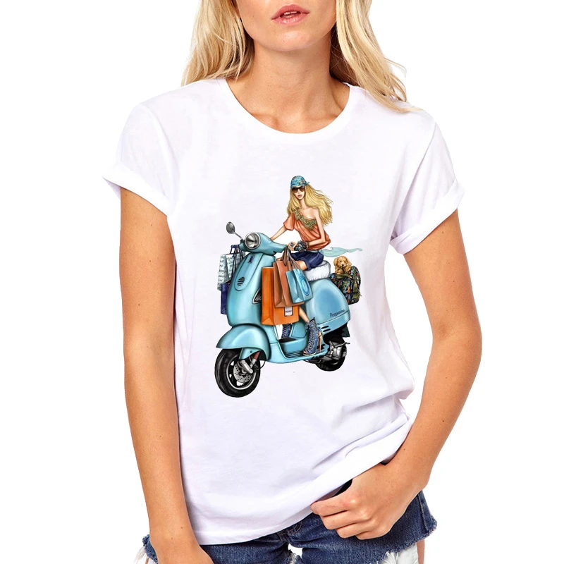 Vespa девушка всадники женская футболка Женская мода мультфильм Мотоциклы Скутеры печати футболки летние топы футболки подарки дропшиппинг