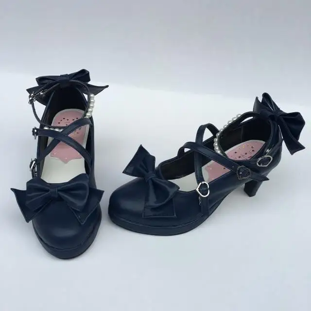 Womens-Shiny-Black-Silver-Sequin-Pumps-Bow-Strap-Cross-Pearl-Ankle-Strap-Princess-Lolita-Shoes-Custom-Tailor-Available- 38