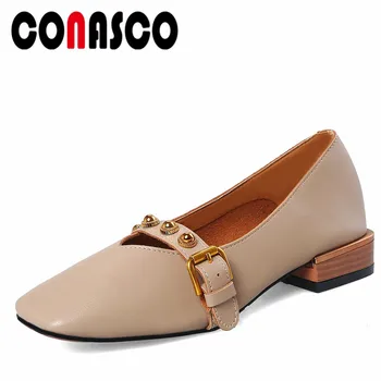 

CONASCO Brand Women Square Heels Pumps Fashion Rivets Buckles Wedding Party Shoes Woman Four Season Female Mary Jane Pumps