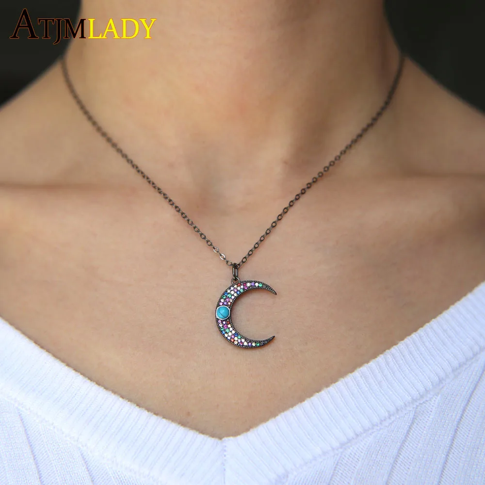 2021 Collares Collier High Quality Half Moon Rainbow Charm Micro Pave Cz Pendant Turquoises Fashion Filled Girl Women Necklace | Украшения