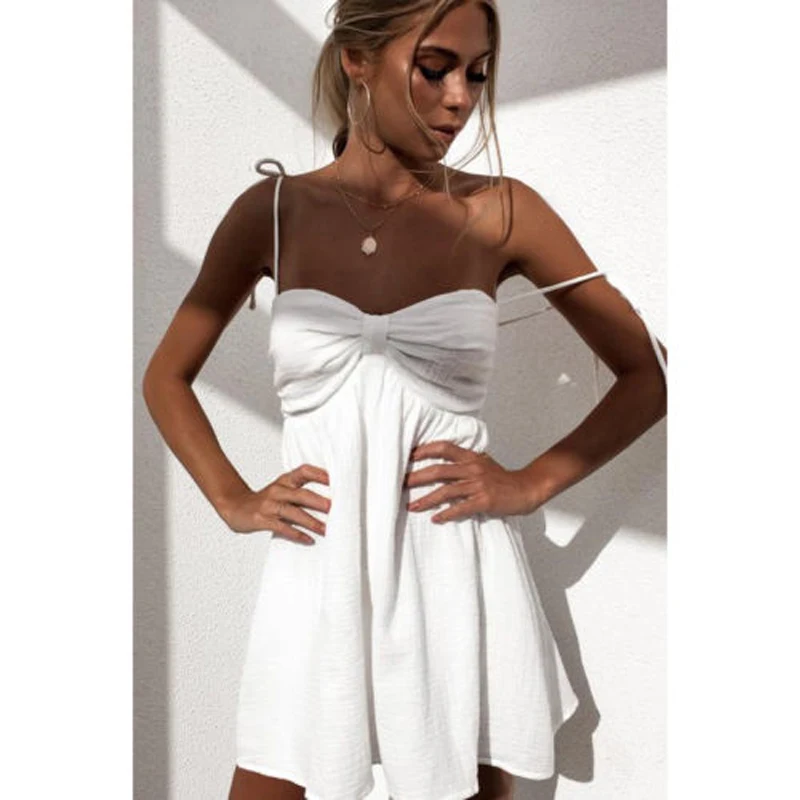 

Summer Women Strapless Mini Dress Sleeveless Lace Up Pleated Solid Loose Straight Dresses Vacation A strapless dress