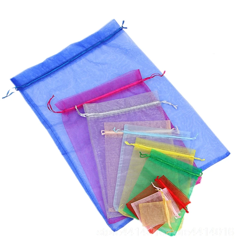 

100pcs Sieraden Tassen Verpakking Drawable Organza Zakjes 7x9 9x12 10x15 11x16 13x18 15x20 17x23 Cm Bruiloft Sieraden Bag 5w