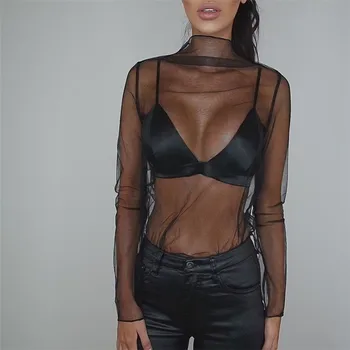 

See-through Blouses Women New Fashion Shirt Long Sleeve Sheer Tops Mesh See Through Blouse Woman Black Top