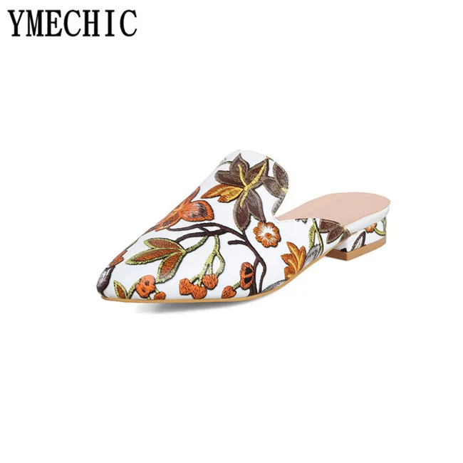 Женские туфли без задника YMECHIC модные с закрытым носком и цветочной вышивкой на