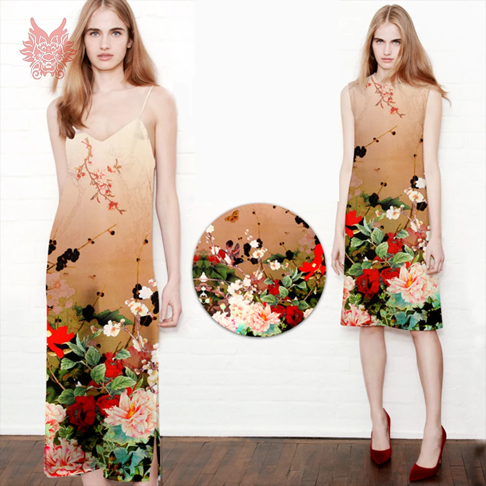 Коричневая пасторальная Цветочная позиционная печать спандекс шелковая ткань одежда для платья натуральная шелковая ткань тела tecidos 19 мм SP4897