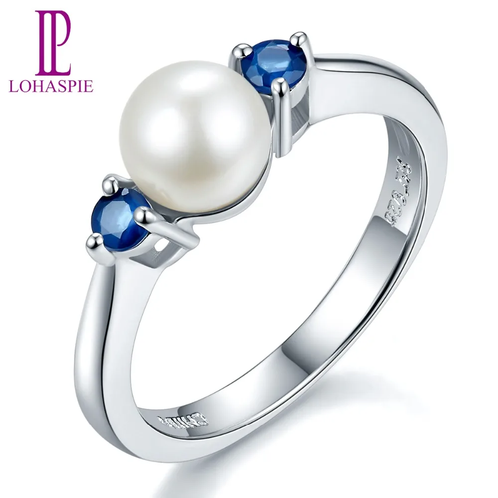 Lohaspie Solid 925 Sterling Silver 100% Natural Freshwater Pearl & Blue Sapphire Wedding Ring For Women's Fine Gemstone Jewelry