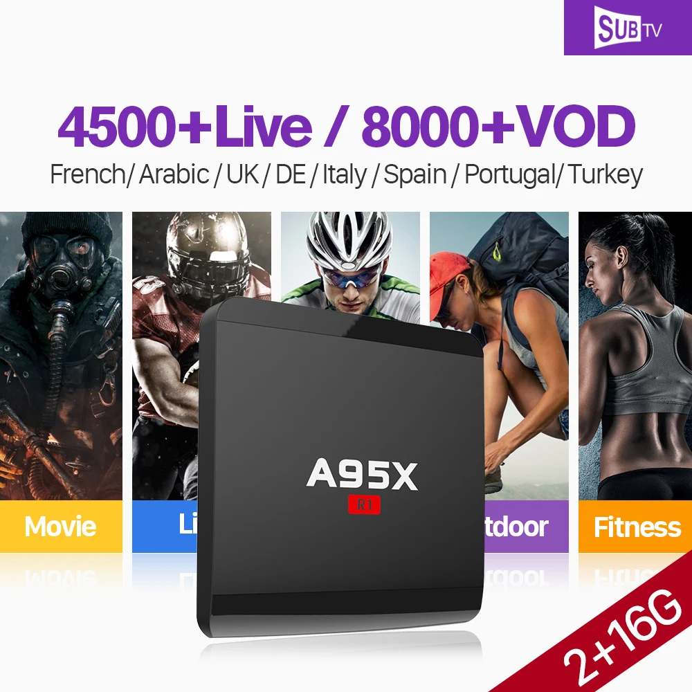 

SUBTV A95XR1 France Arabic Italy Android 7.1 TV Box 2+16G French Portugal Turkey 4K IPTV France Spain 1 Year SUBTV Receiver