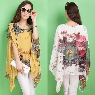 

arrival Women Chiffon Batwing Sleeve Sexy Loose Floral Tops Casual Shirt Blouse