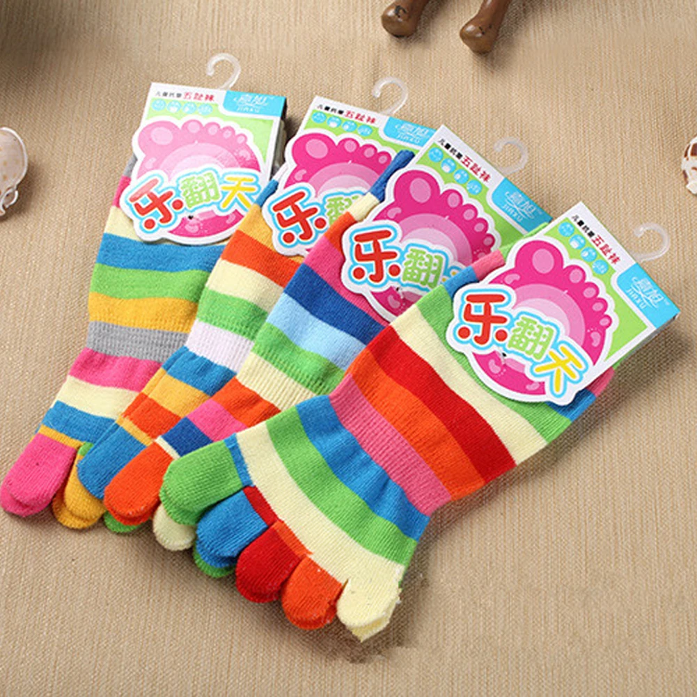 Random Color Spring Rainbow Colorful Stripes Children's Warm Cotton Five Fingers Toe Socks For 4