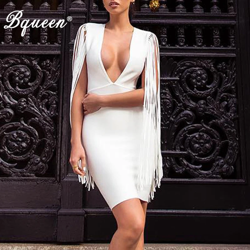 Женское Бандажное платье Bqueen белое клубное мини с v образным вырезом и кисточками