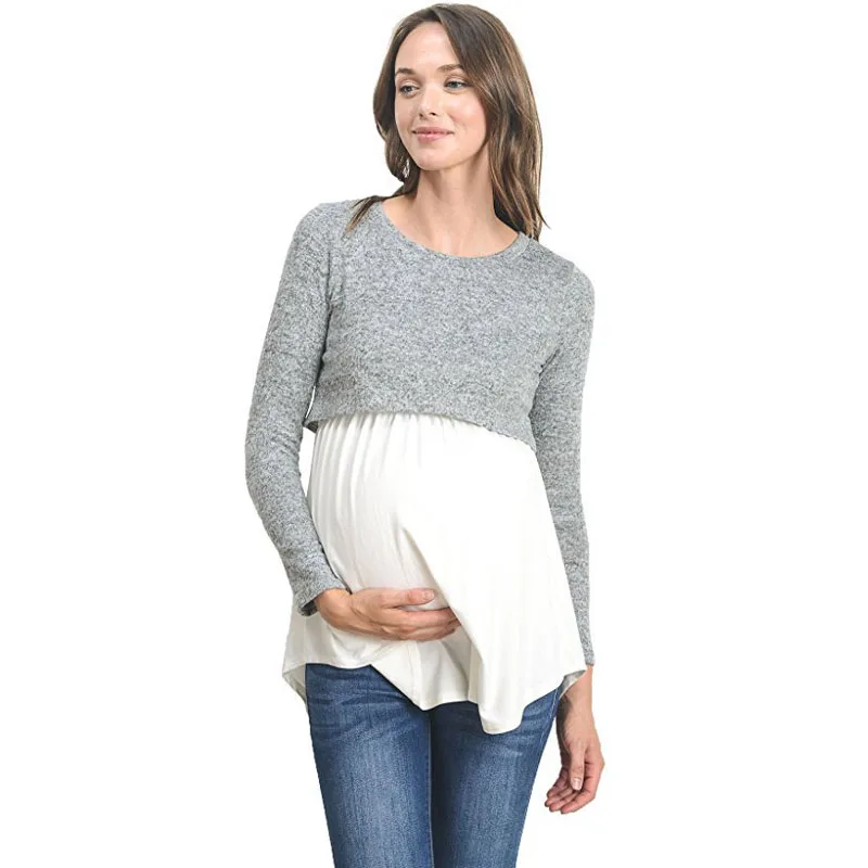Весенние блузки для беременных шифоновая Лоскутная Одежда для беременных для кормящих мам повседневные топы для кормящих мам футболка для кормления грудью - Цвет: Серый