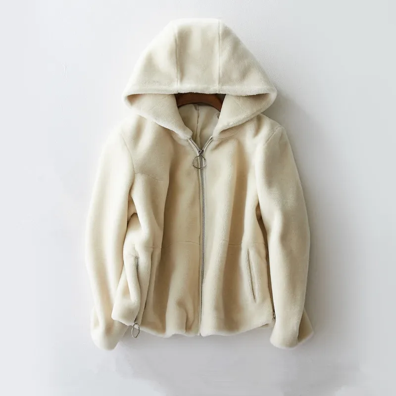 Gours Genuine Shearling Jackets for Women Natural Wool Real Fur Overcoats with Hooded Thick Warm In Winter New Arrival 1018-2