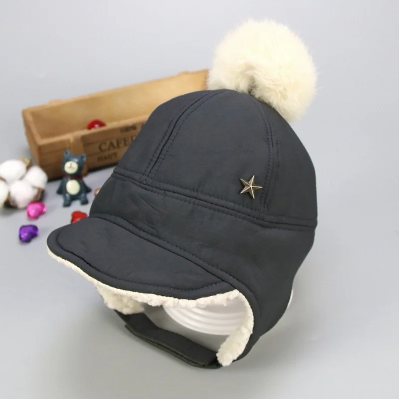 Зимняя теплая детская шапочка с помпоном, защитная шапка с ушками для маленьких девочек и мальчиков, бархатная хлопковая шапка с пятизвездочными звездами, Детские аксессуары