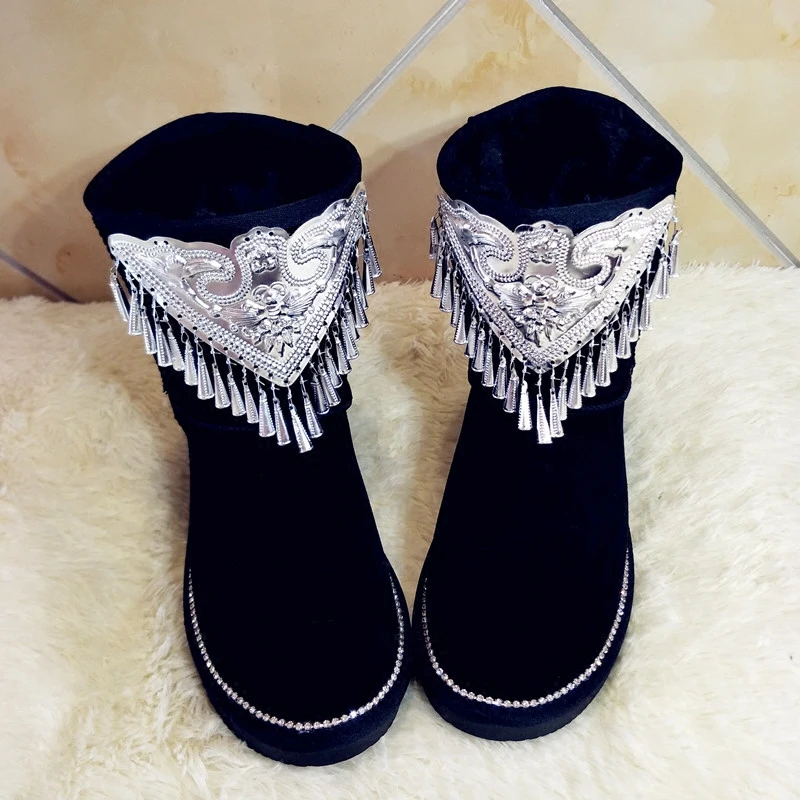 Strass A Hiver Pour Éoliens Main Cm Femmes À Glands Neige Sauvage Chaud Personnalisé Augmenté De Carillons Noir 6 Totem Bottes La Bq6qf