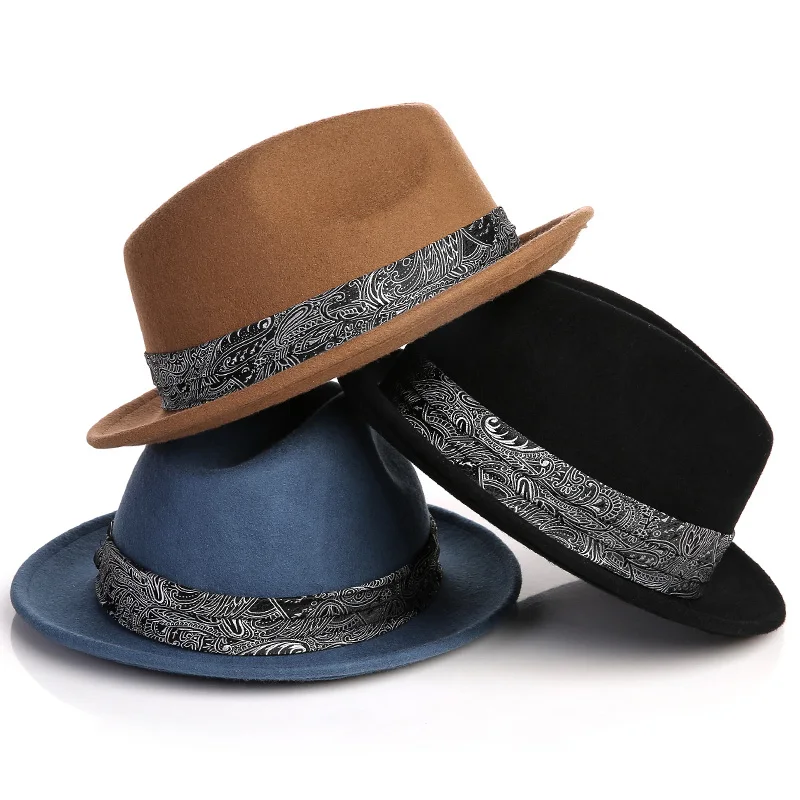 

Brand black wool felting Fedora Hat for men vintage Wide Brim jazz hat sombrero panama wool hat caps Gentleman England style