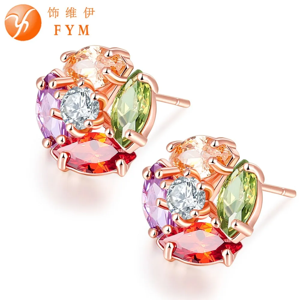 

Fashion Lady Elegant Girl Rhinestone earrings ear Rose Gold Plated Colorful Zircon Flower Stud Earrings for Women Jewelry Gift