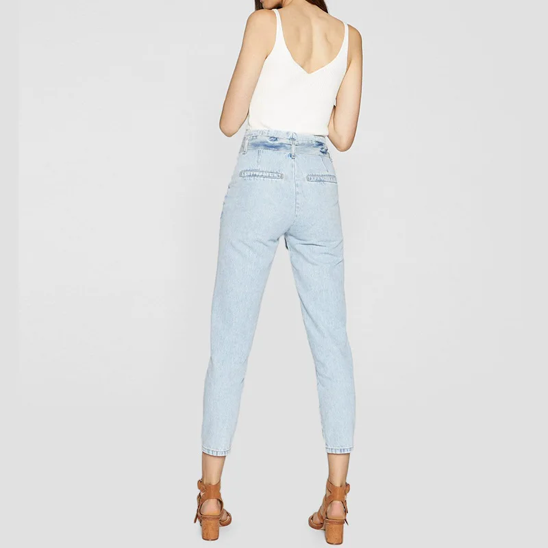 Spring Summer High Waist Tie Jeans Cotton Calf-Length Pants Pockets Pencil Pants Women