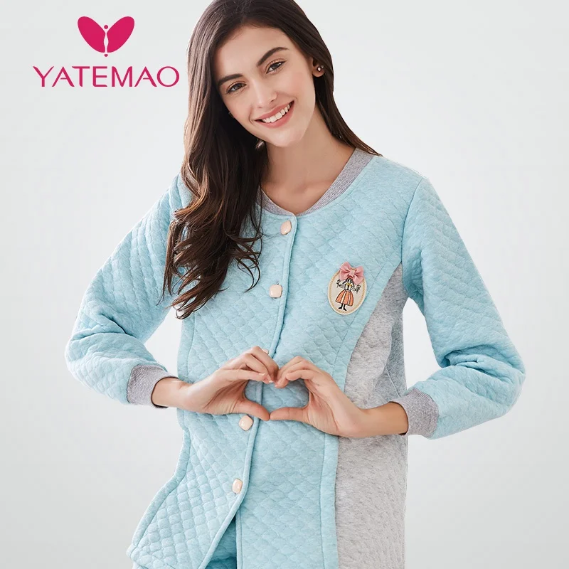 

YATEMAO Cotton Women Sleep Jacket Pant Sleepwear Warm Nightgown Female Pants Winter Nursing Sleepwear Breastfeeding Pajamas Set