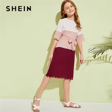 SHEIN/ г. Детское платье-туника для девочек с вырезами и швами; платье с поясом; Детские Летние Повседневные платья средней длины с коротким рукавом и цветными блоками