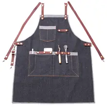 Black Blue Denim Long Apron w/ Leather Strap Barber Barista Florist Cafe Bar BBQ Chef Uniform Florist Carpenter Work wear K23