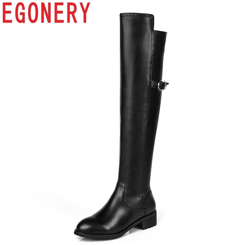 

EGONERY women shoes newest genuine leather round toe med squaer heel platform zipper winter women plush warm over the knee boots
