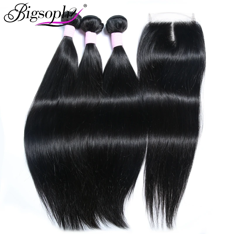 

Bigsophy Straight Indian Hair Weave Bundles with Closure Human Remy Hair Extensien with Lace Closure Part/Free Part/Three Part