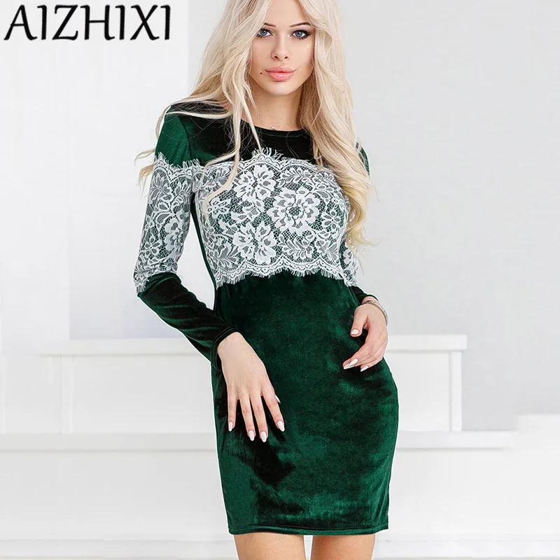 

AIZHIXI Autumn Winter Velvet Sexy Sheath Lace Splicing Bodycon Dress 2017 Women's Fashion Long Sleeve O-Neck Party Dresses