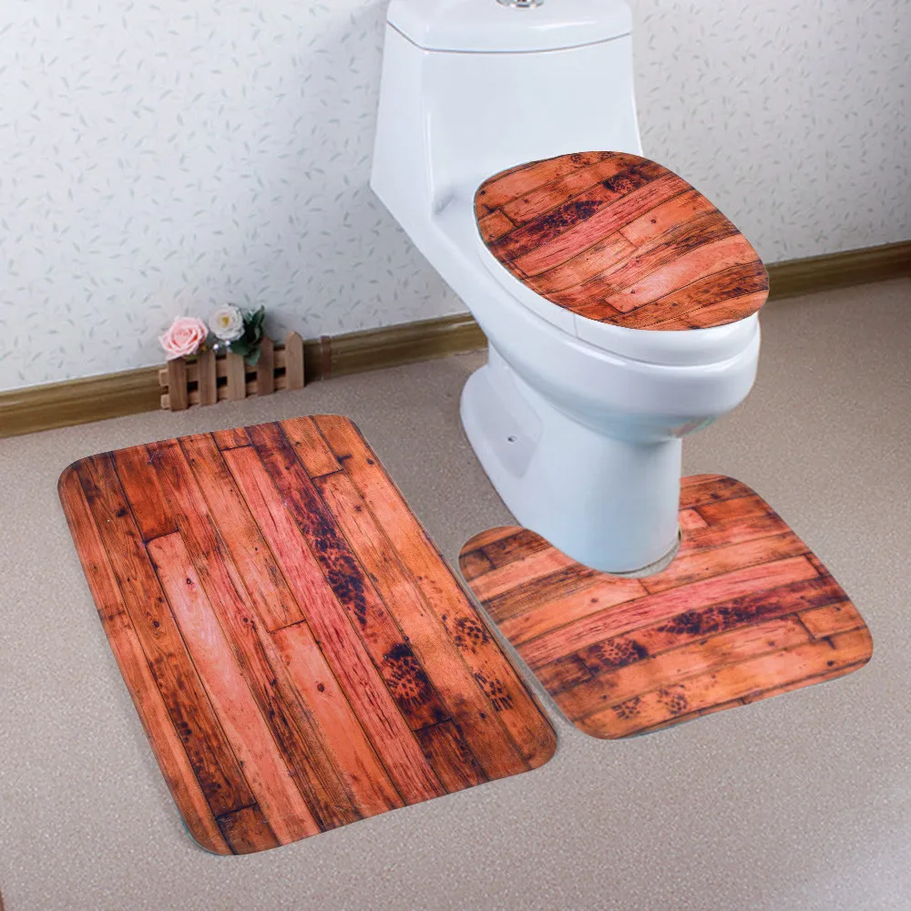 

2020 Cover Toilet Seat Cover Wc Woodgrain Bathroom Non-Slip Pedestal Rug + Lid Toilet Cover + Bath Mat Set Toilet Decoration
