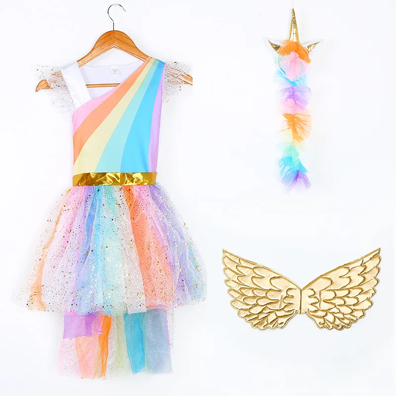 Детское Радужное платье с единорогом для девочек; Карнавальный костюм для выпускного вечера; детские кружевные платья принцессы; обруч для волос с крыльями; вечерние платья-пачки на Хэллоуин - Цвет: unicorn rainbow