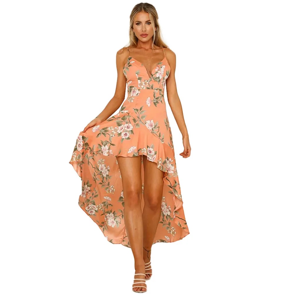 

Women Fashion Print Ruffle Deep V Neck Sleeveless Blackless Long Dress Midi Dress Floral Suits Women's Holiday Summer Dress