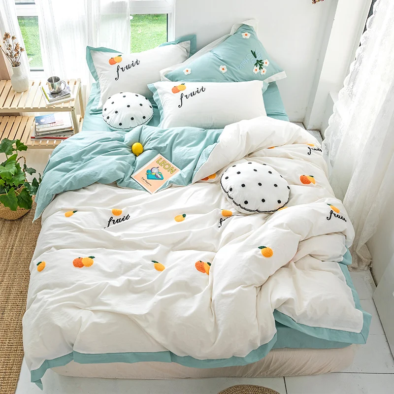 

Korean Style Pure Cotton Bed Set 3 4pcs Duvet Cover Pillowcase Bed Sheet Milk White Blue Little Orange Flowers Avocado Green