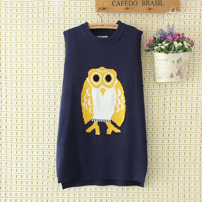 

Plus size spring big loose vest sleeveless sweaters 2017 new fashion knitted O neck owl wool female top wear Pullovers