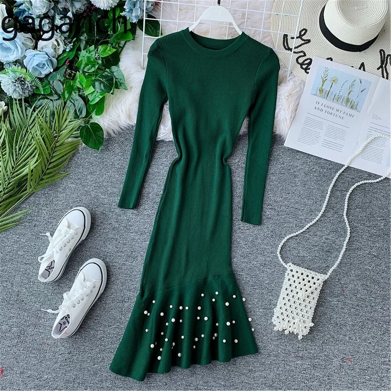 

Gagarich Women Dress Autumn Winter 2019 Long Sleeve Nail Beads Fishtail Solid Stretch Irregualr Side Elegant Dresses Robe