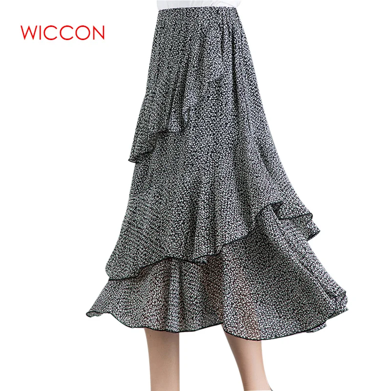 

Summer Female New Chiffon Dot Print Irregular Cake Skirts Fashion High Waist Elastic Slim Women Skirts