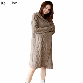 

KoHuiJoo Autumn Spring Women Long Sweater Cardigan Female Fashion Loose Hooded Knitted Cardigan Jacket Oversized Coat