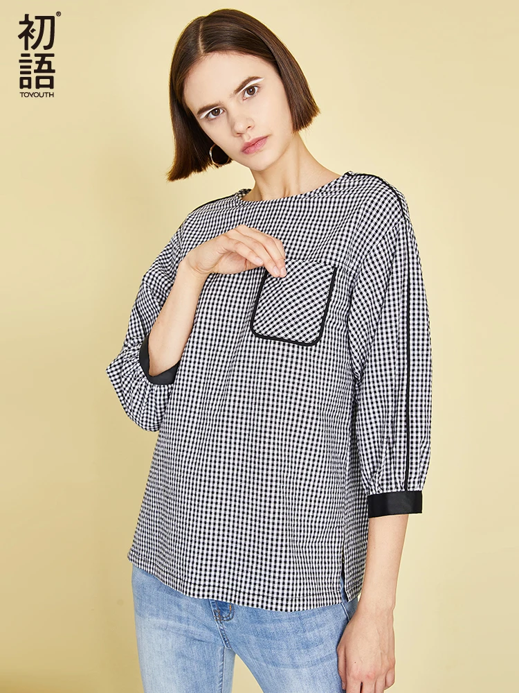 

Toyouth Ladies Casual Plaid Puff Sleeve Keyhole Back Pocket Top And Blouse Women 2019 Summer Workwear Half Sleeve Elegant Blouse