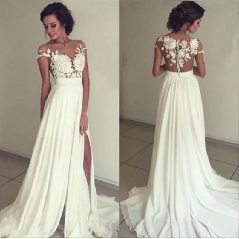 Long Blanc Robes De Soirée 2017 Cap Manches En Mousseline de Soie De Bal Longue Partie