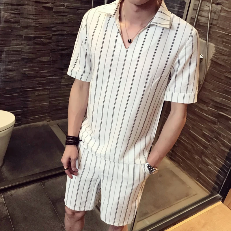 

V Shape Summer Men Set Two Piece Short Sleeve Shirt And Shorts Stripe Two Piece Set Top And Short Club Korean Fashion Stripe Set