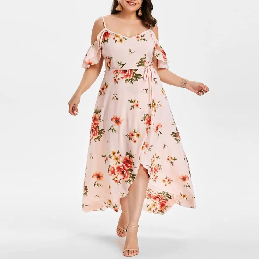 MIARHB, летняя мода размера плюс, женское Повседневное платье с рукавом-бабочкой и открытыми плечами, богемное Платье с принтом, асимметричное длинное платье, N4 - Цвет: Pink