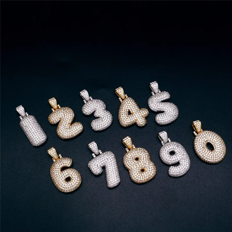

Hip Hop CZ 0-9 Bubble Numbers Pendant Necklace Iced Out Custom Name Necklaces Men Women Gold Silver Color Jewelry Party Gift