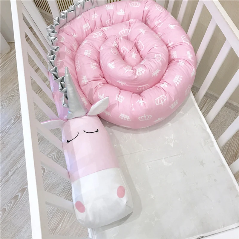  Baby pink unicorn crib bumper safe anti-crash bed barrier protector newborn pillow cushion 3D carto