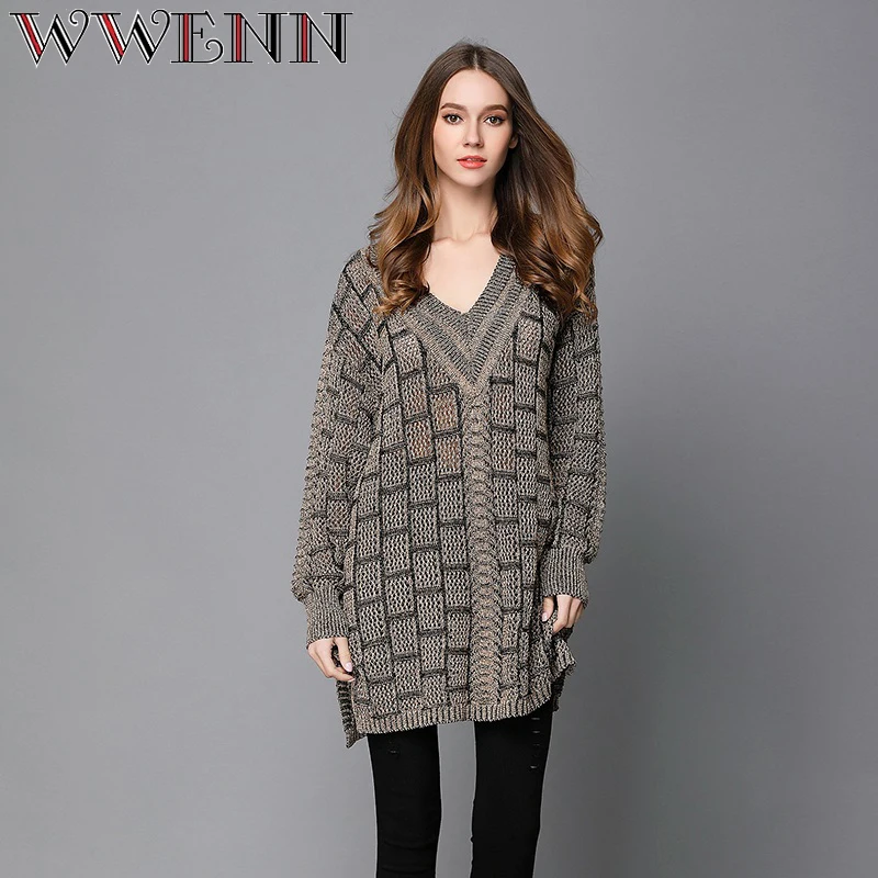 WWENN Sweater Shirt Women Jumper 2017 Autumn Oversized Sweater Long Sleeve Women Knitwear Yellow Loose Sweater