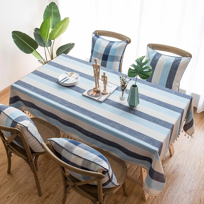 

Blue Stripe Waterproof Kitchen Table Cloth Tablecloth Scald Proof Linen Tassel Rectangular Tablecloths Fringe Dining Table Cover