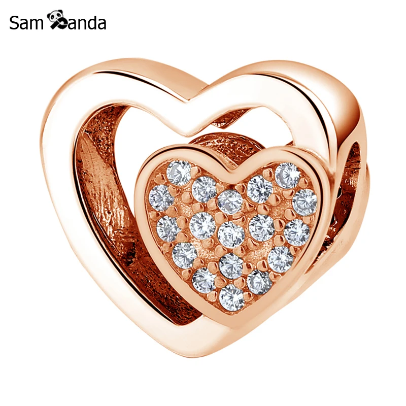 

New Authentic 925 Sterling Silver Bead Charm Joined Together Charms Rose Gold Clear CZ Fit Pandora Bracelets Women Diy Jewelry