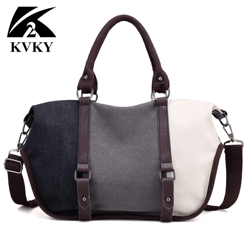 

KVKY Women Canvas Bag Handbag Famous Brand Large Capacity Patchwork Tote Bag Hipster Classic Hobos Vintage Shoulder Travel Bag
