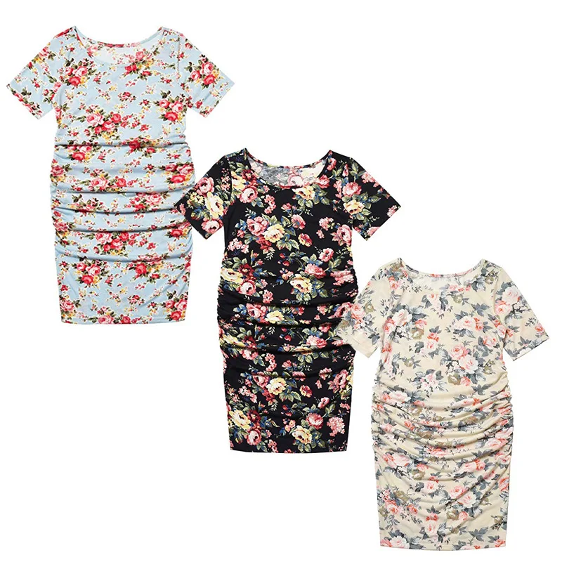 

Pregnant Dress Loose Floral Print O-Neck Short Sleeve Stitching Big Swing Pregnant Women Dresses Solid Dresses