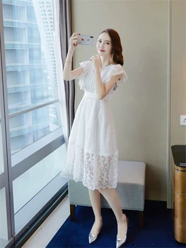 

2020 summer new short-sleeved dress thin section hollow waist lace dress