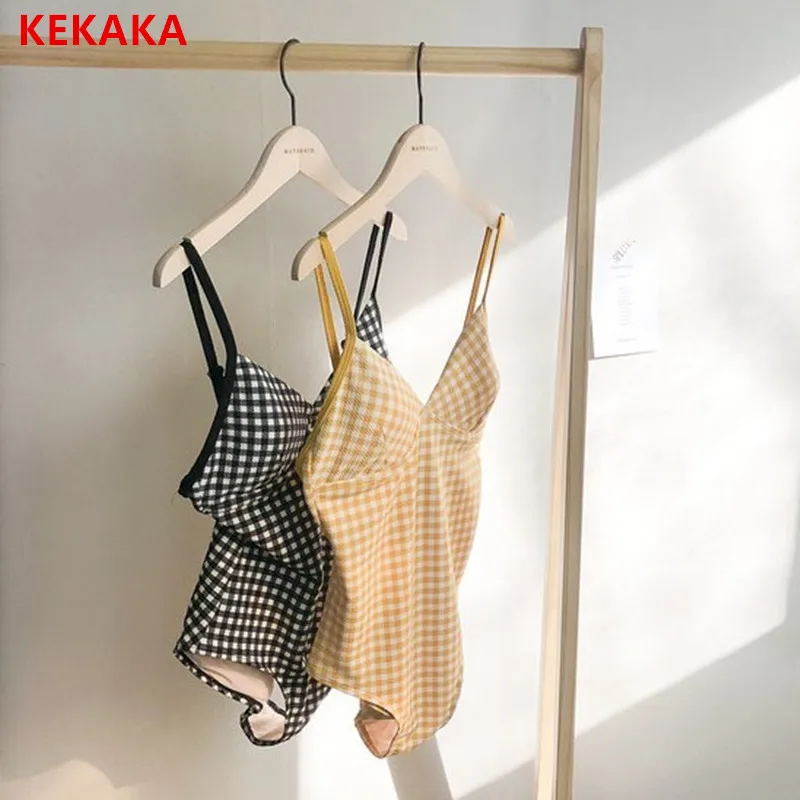 

KEKAKA Sexy Black Yellow Plaid One Piece Swimsuit 2019 Korea Style Swimwear Women High Cut Monokini Low BackTrikini Bathing Suit